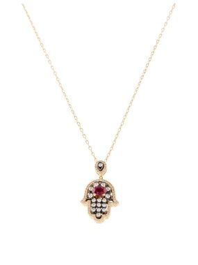 18K Gold Ruby & Diamond Hamsa Pendant Necklace
